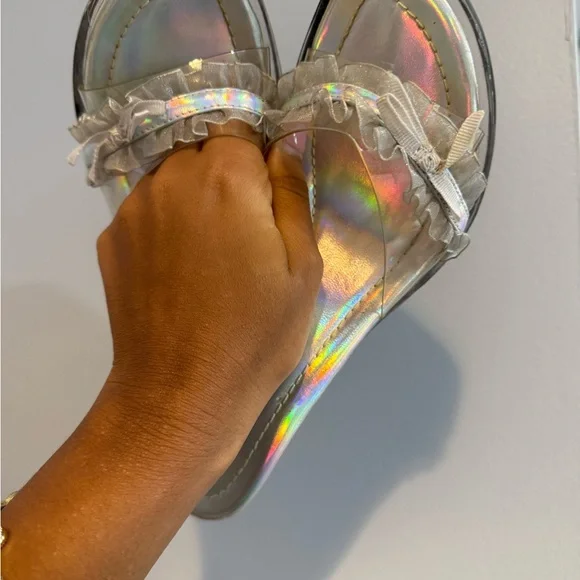 Delicious Iridescent Silver Ruffle Slide Mules - Picture 4 of 5